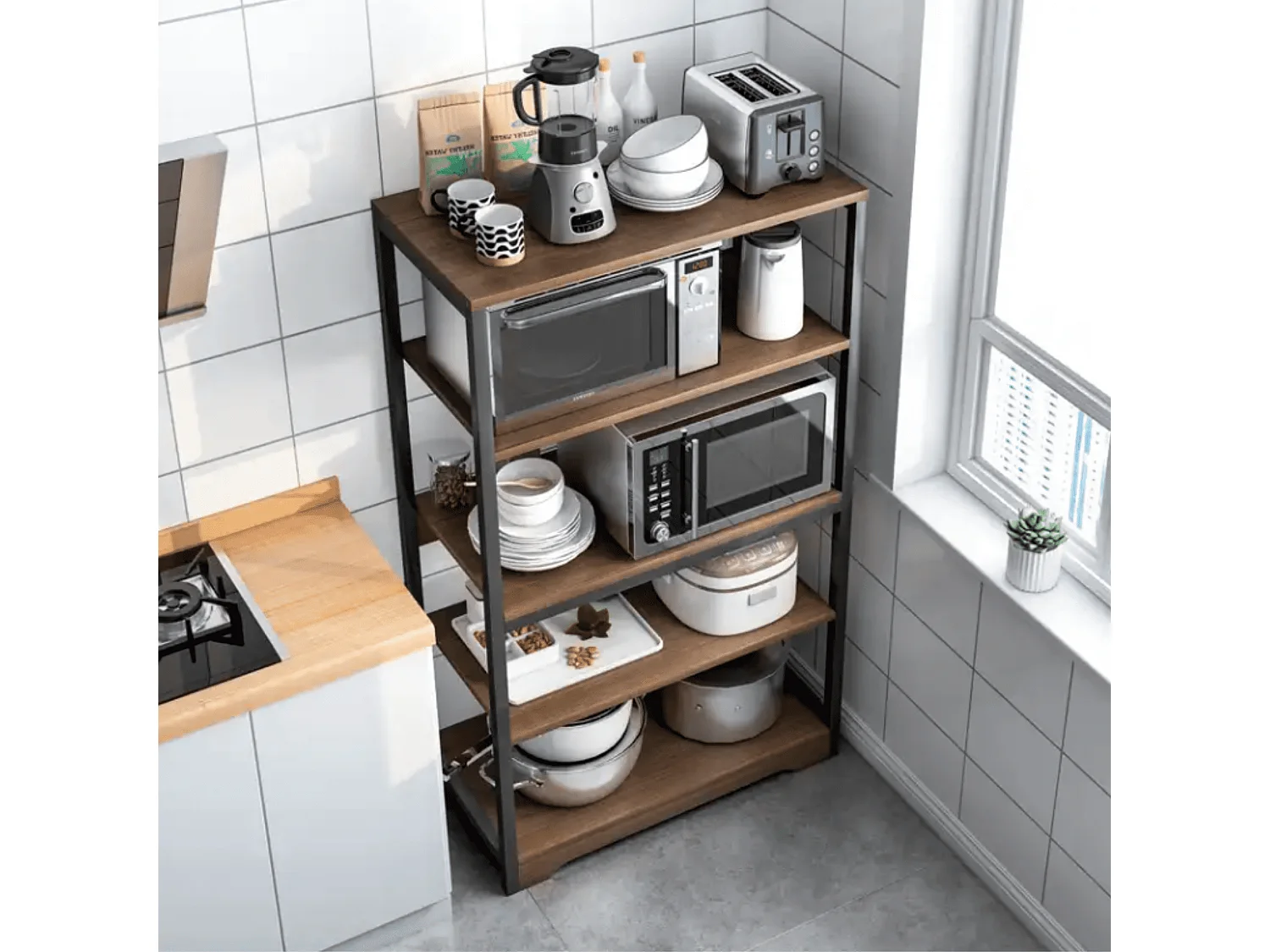 Meyvaser Estantería de Cocina Con Marco de Metal Negro, Estante Industrial para microondas 60x30x126 cm