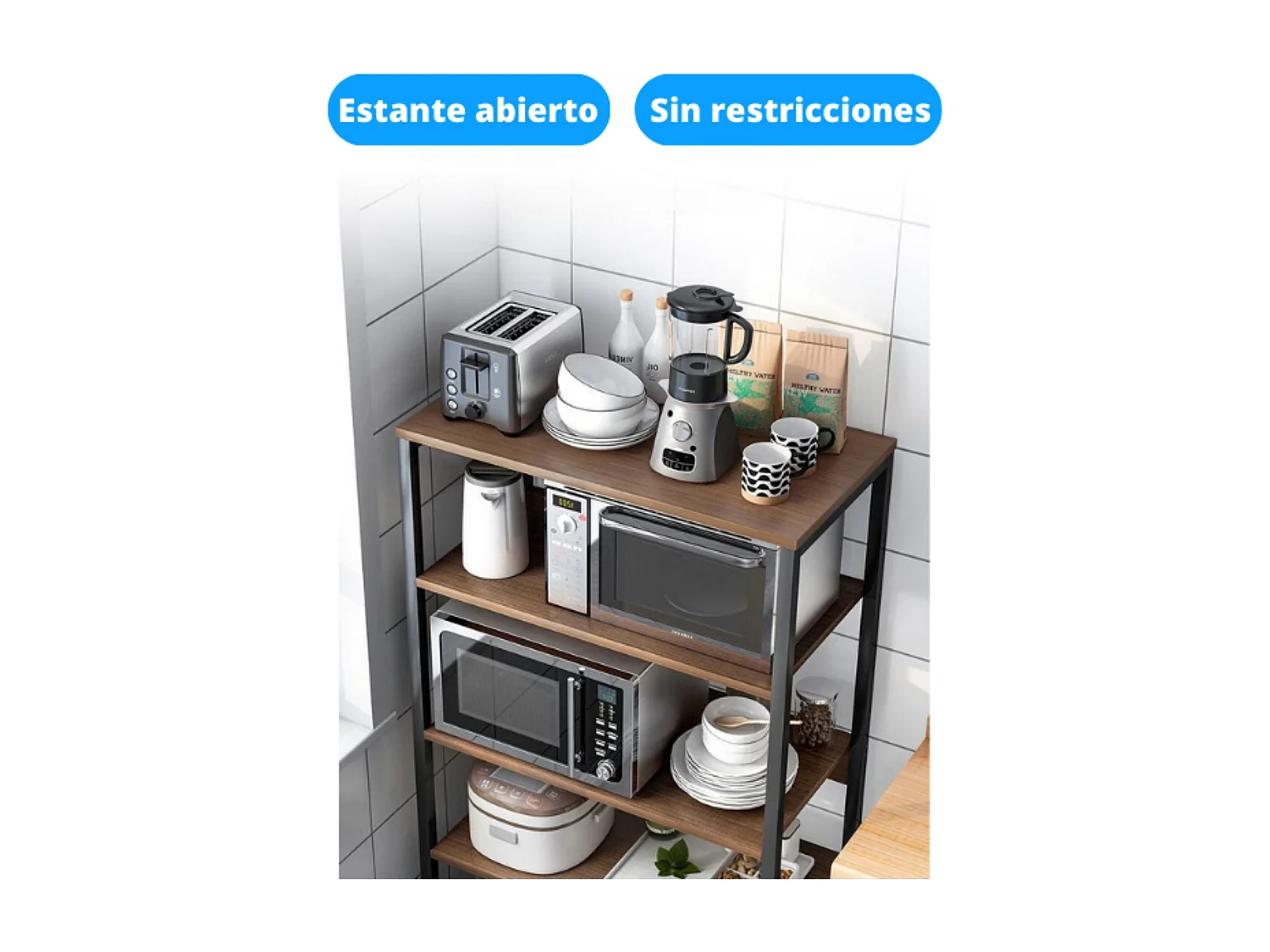 Meyvaser Estantería de Cocina Con Marco de Metal Negro, Estante Industrial para microondas 60x30x126 cm