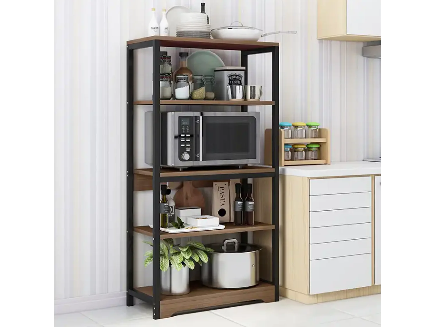 Meyvaser Estantería de Cocina Con Marco de Metal Negro, Estante Industrial para microondas 60x30x126 cm