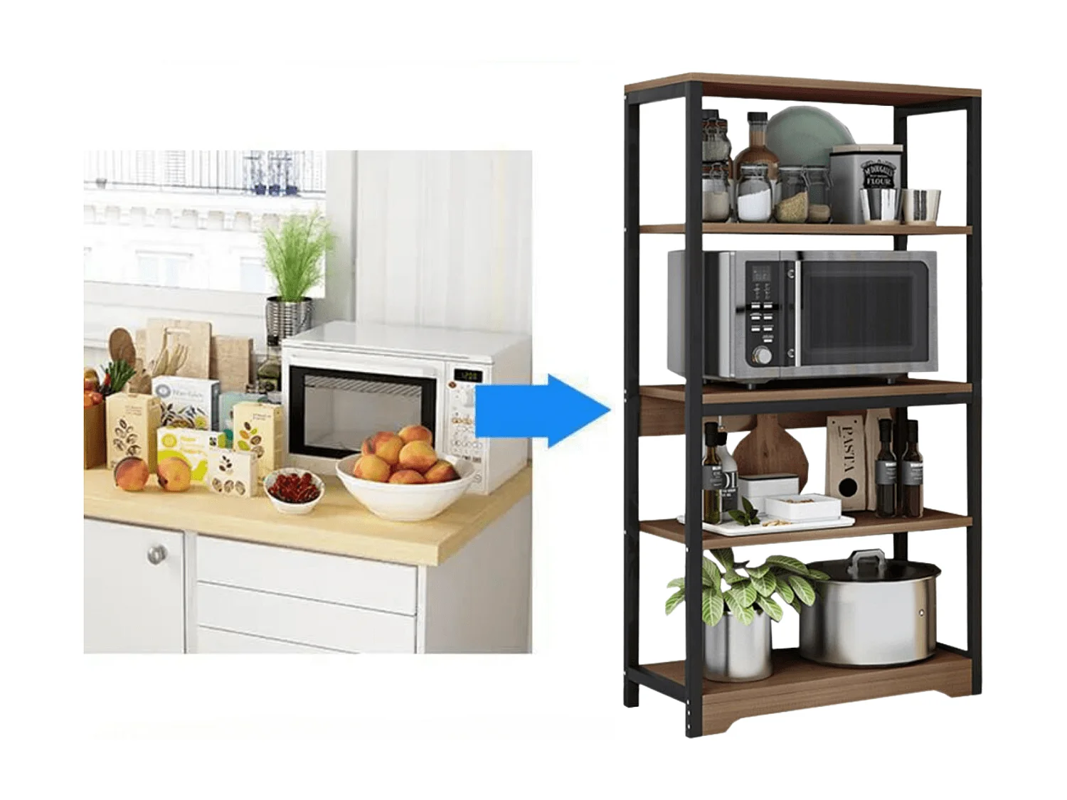 Meyvaser Estantería de Cocina Con Marco de Metal Negro, Estante Industrial para microondas 60x30x126 cm