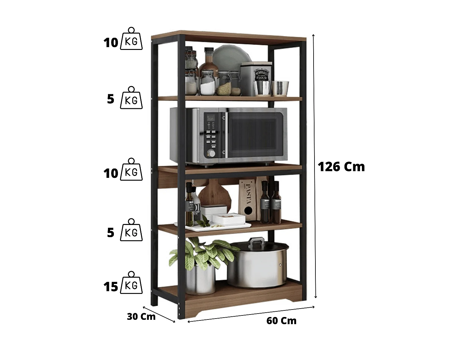 Meyvaser Estantería de Cocina Con Marco de Metal Negro, Estante Industrial para microondas 60x30x126 cm