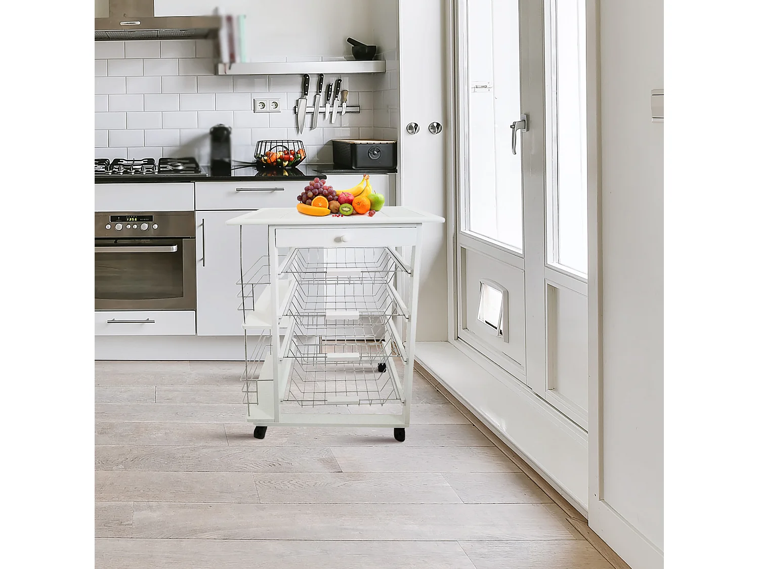 Meyvaser - Verdulero Carro Cocina Bahia 5  Color Blanco con botellero latera y Tapa de azulejos 82 x 57 x 37 Cm