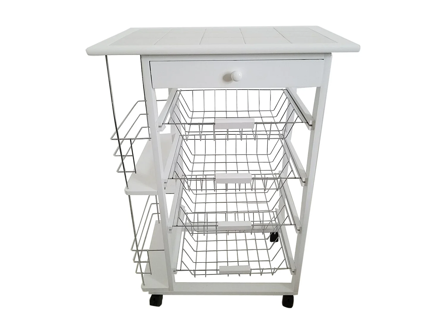 Meyvaser - Verdulero Carro Cocina Bahia 5  Color Blanco con botellero latera y Tapa de azulejos 82 x 57 x 37 Cm