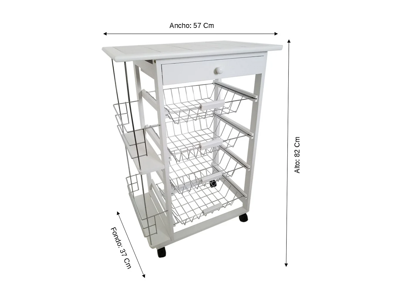 Meyvaser - Verdulero Carro Cocina Bahia 5  Color Blanco con botellero latera y Tapa de azulejos 82 x 57 x 37 Cm