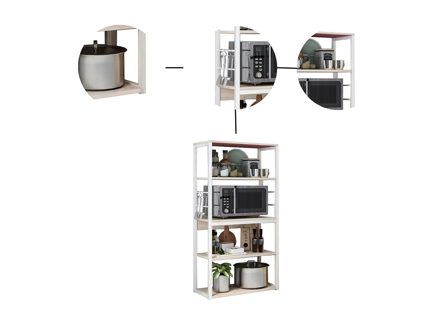 Estantería de Cocina, Unidad de Cocina Alta con estantes de Almacenamiento, Marco de Metal Blanco, Estante Industrial para microondas 50x30x130 Cm