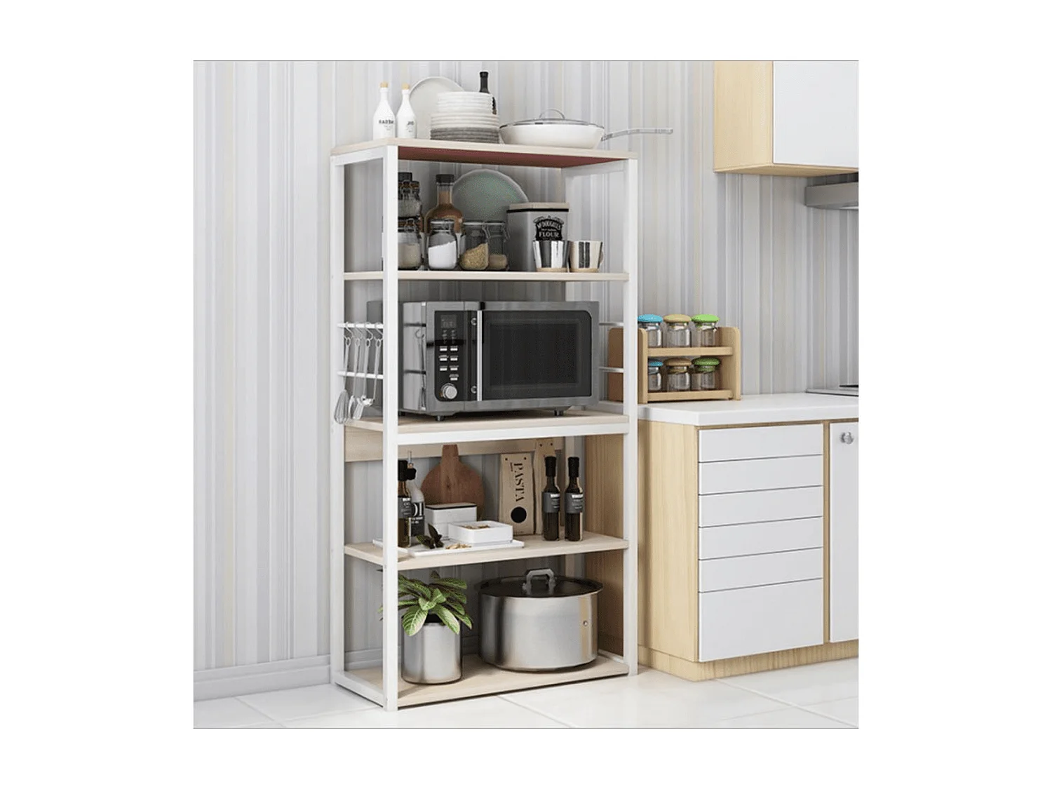 Estantería de Cocina, Unidad de Cocina Alta con estantes de Almacenamiento, Marco de Metal Blanco, Estante Industrial para microondas 50x30x130 Cm