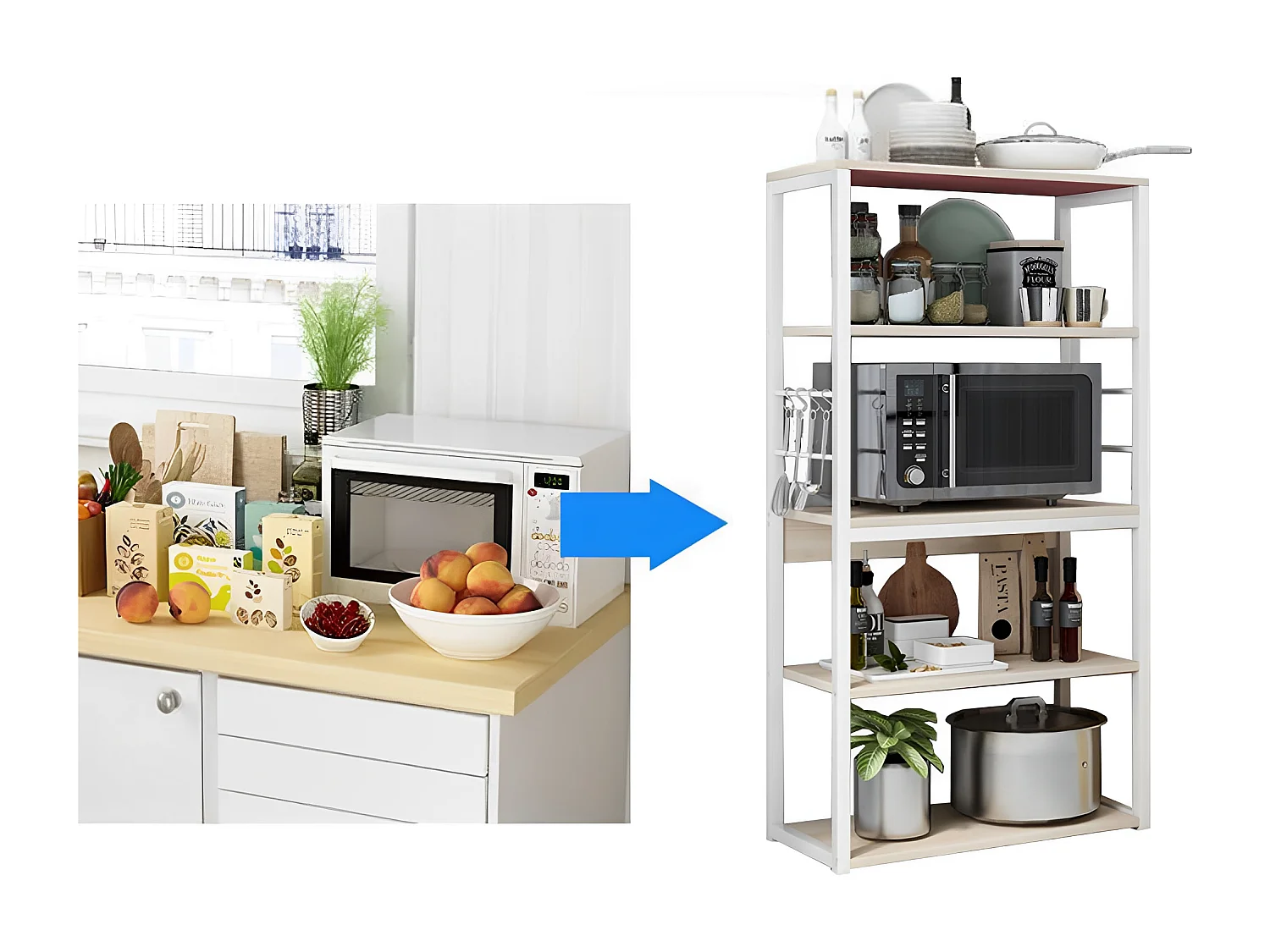 Estantería de Cocina, Unidad de Cocina Alta con estantes de Almacenamiento, Marco de Metal Blanco, Estante Industrial para microondas 50x30x130 Cm