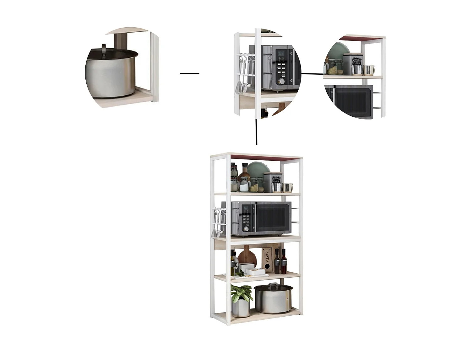 Estantería de Cocina, Unidad de Cocina Alta con estantes de Almacenamiento, Marco de Metal Blanco, Estante Industrial para microondas 50x30x130 Cm