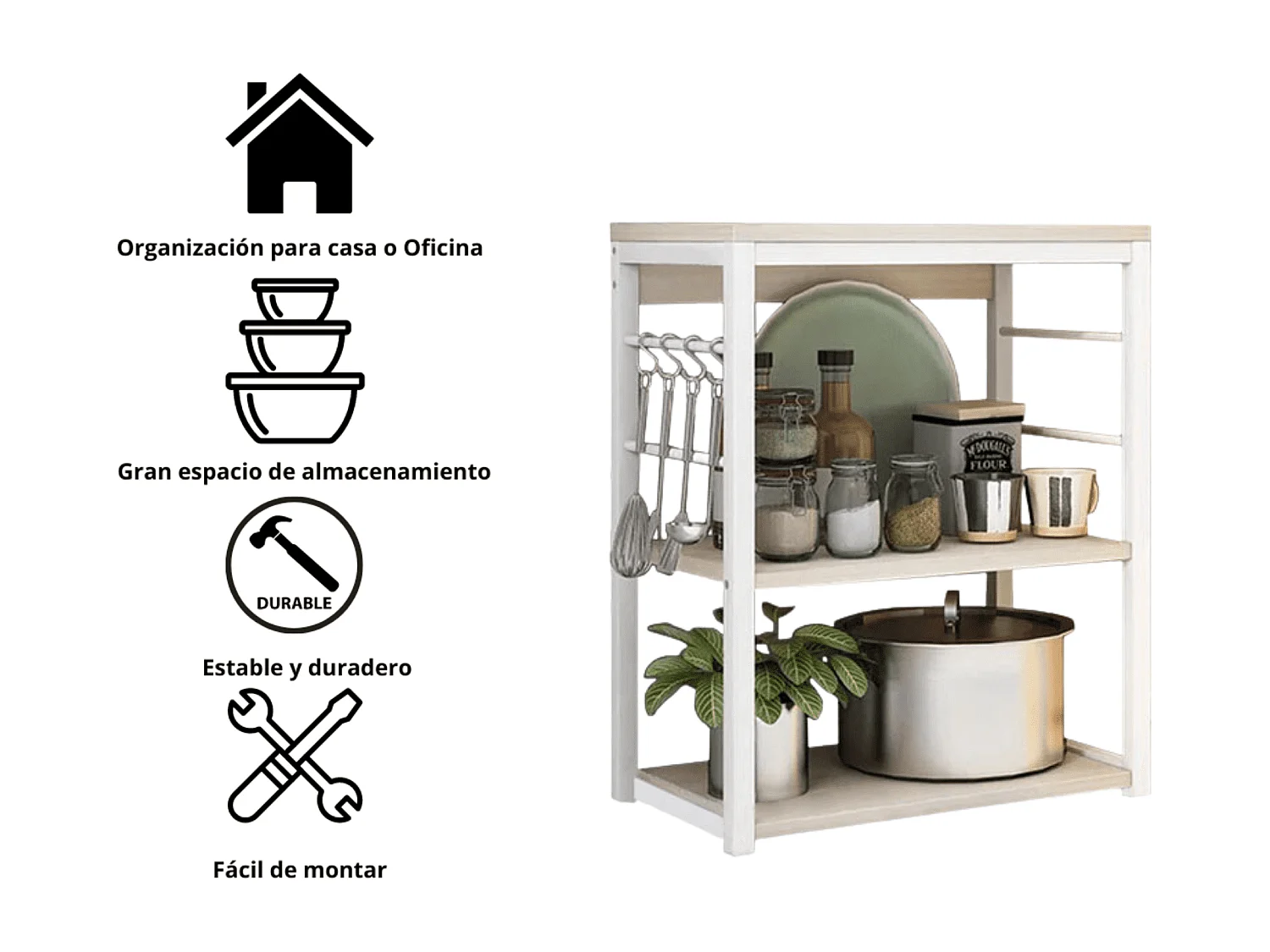 Meyvaser Estantería de Cocina, Unidad de Cocina con estantes, Marco de Metal Blanco, Estante Industrial para microondas 50x30x71,5 Cm