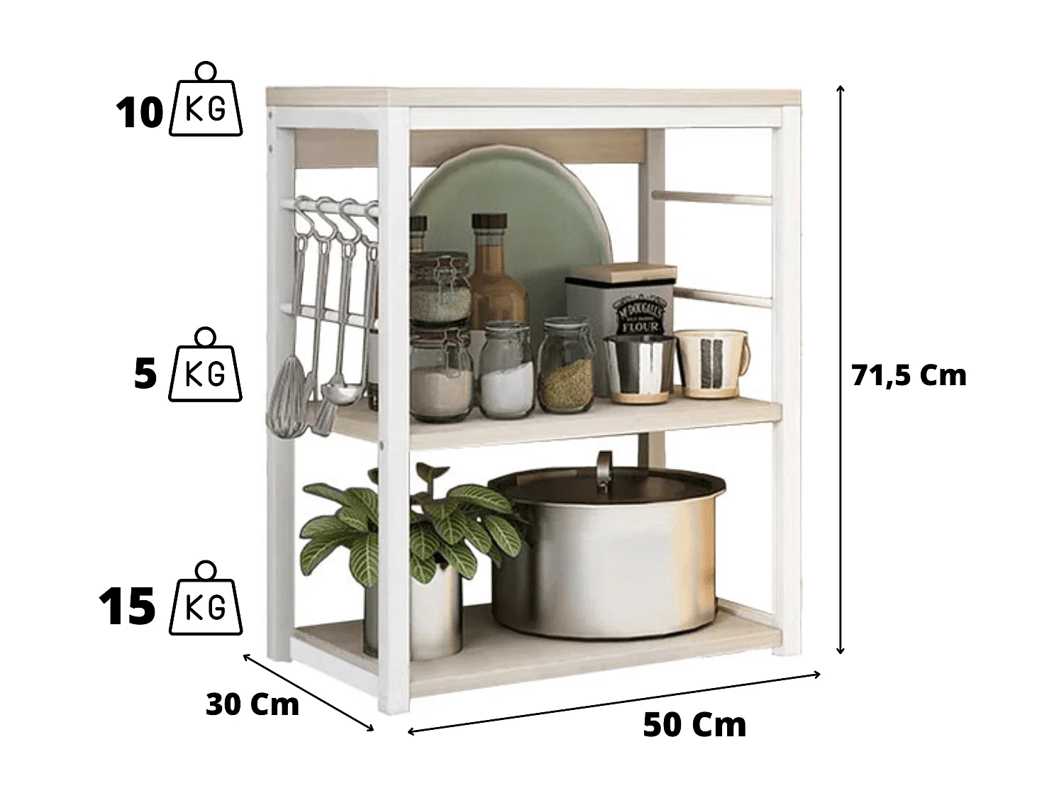Meyvaser Estantería de Cocina, Unidad de Cocina con estantes, Marco de Metal Blanco, Estante Industrial para microondas 50x30x71,5 Cm