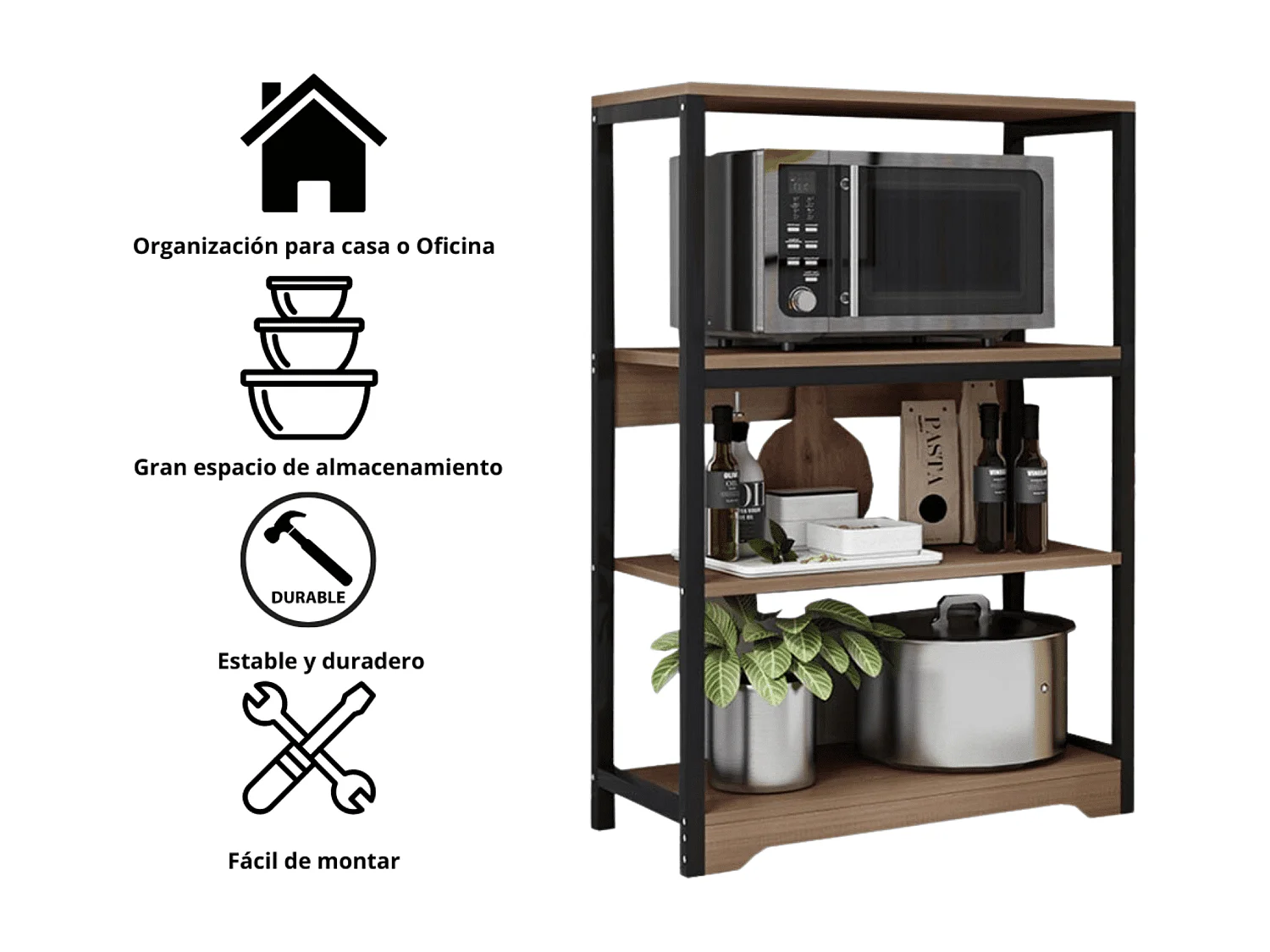 Meyvaser Estantería de Cocina con Marco de Metal Negro, Estante Industrial para microondas 60x30x100 Cm