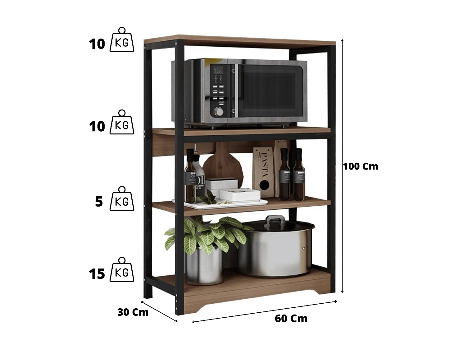 Meyvaser Estantería de Cocina con Marco de Metal Negro, Estante Industrial para microondas 60x30x100 Cm