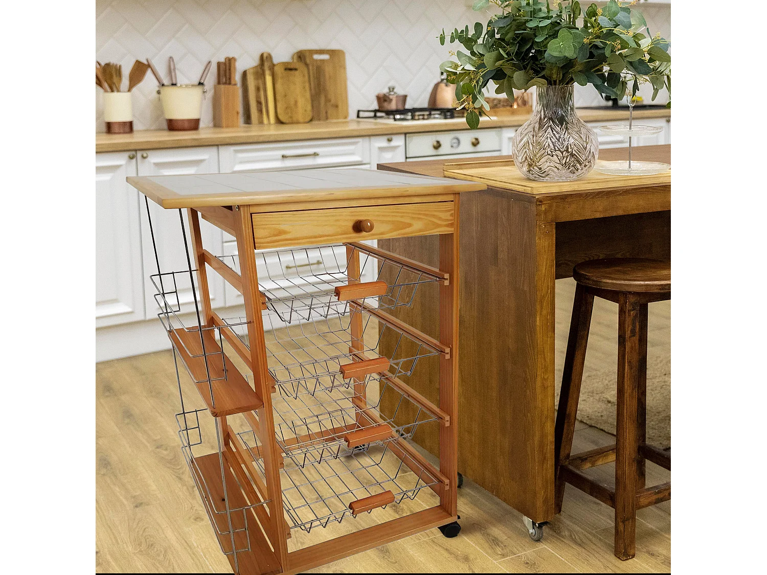 Meyvaser - Carro de cocina con ruedas 57x37x82 Oporto 5 tapa de azulejos y botellero lateral