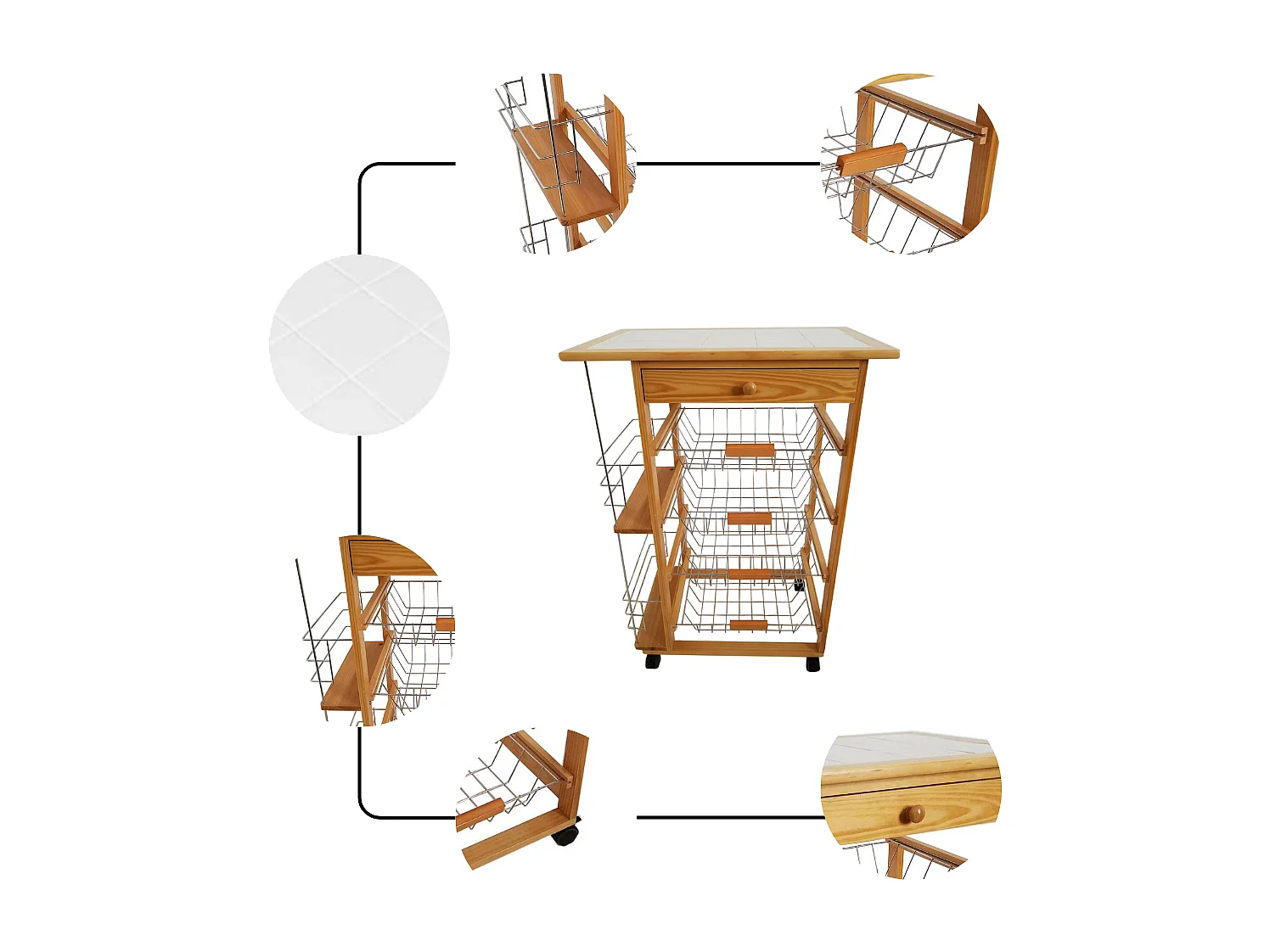 Meyvaser - Carro de cocina con ruedas 57x37x82 Oporto 5 tapa de azulejos y botellero lateral