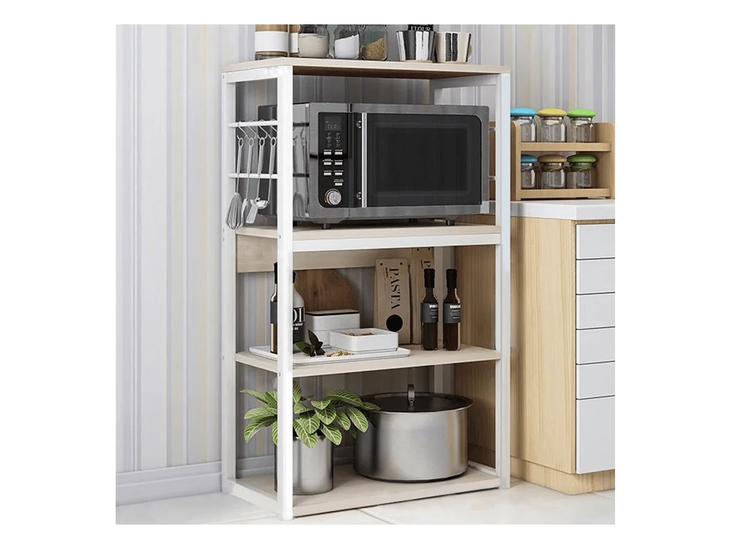 Estantería de Cocina Unidad de Cocina Alta con estantes de Almacenamiento, Marco de Metal Blanco, Estante Industrial para microondas 50x30x100 Cm, Col