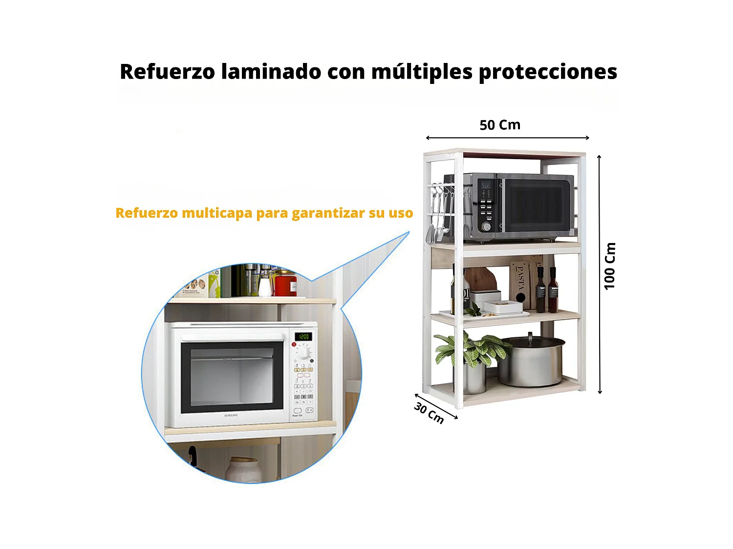 Estantería de Cocina Unidad de Cocina Alta con estantes de Almacenamiento, Marco de Metal Blanco, Estante Industrial para microondas 50x30x100 Cm, Col