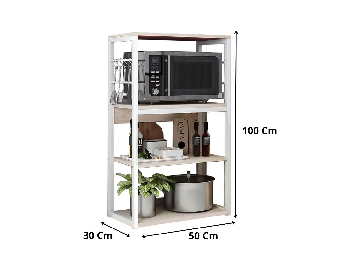 Estantería de Cocina Unidad de Cocina Alta con estantes de Almacenamiento, Marco de Metal Blanco, Estante Industrial para microondas 50x30x100 Cm, Col