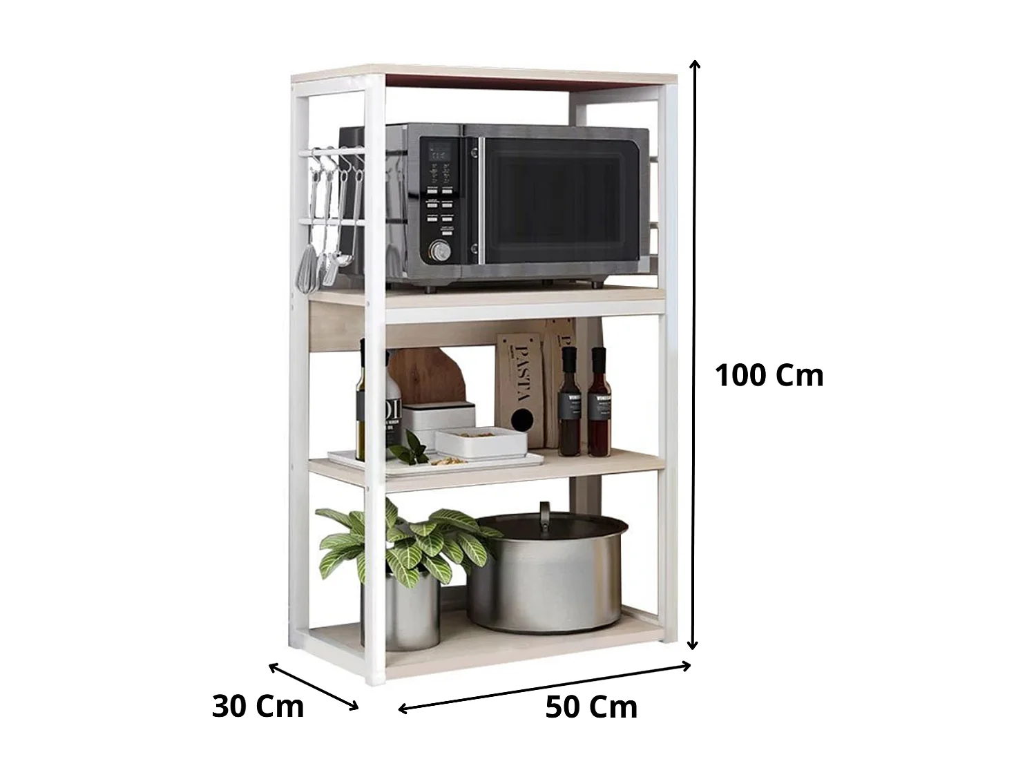 Estantería de Cocina Unidad de Cocina Alta con estantes de Almacenamiento, Marco de Metal Blanco, Estante Industrial para microondas 50x30x100 Cm, Col