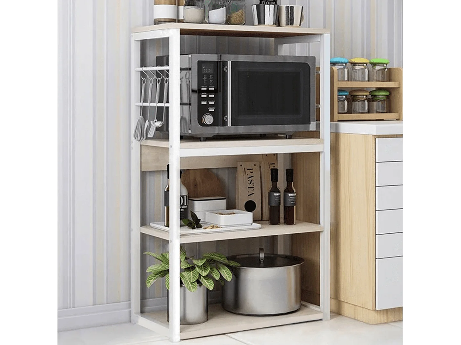 Estantería de Cocina Unidad de Cocina Alta con estantes de Almacenamiento, Marco de Metal Blanco, Estante Industrial para microondas 50x30x100 Cm, Col