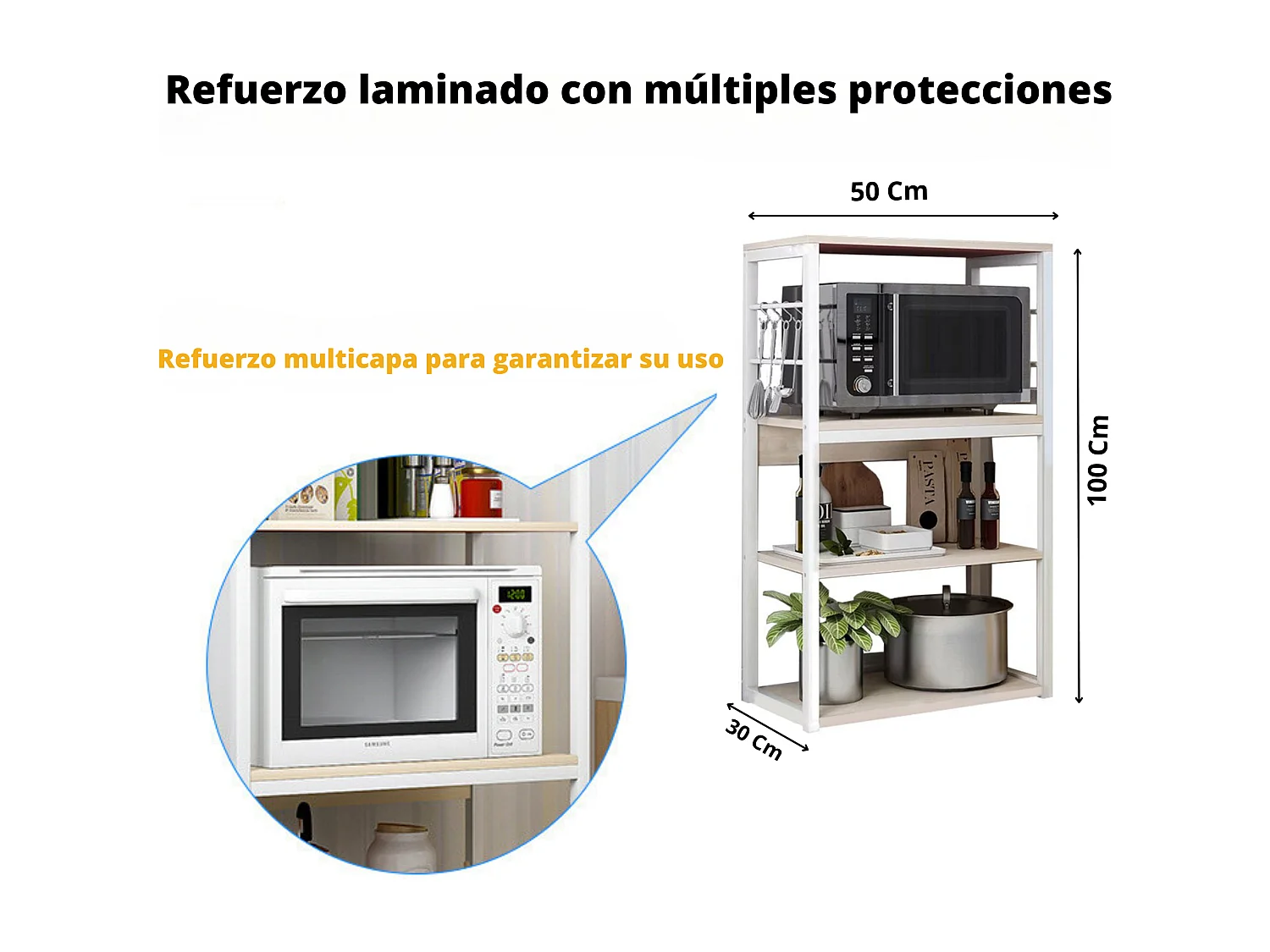 Estantería de Cocina Unidad de Cocina Alta con estantes de Almacenamiento, Marco de Metal Blanco, Estante Industrial para microondas 50x30x100 Cm, Col