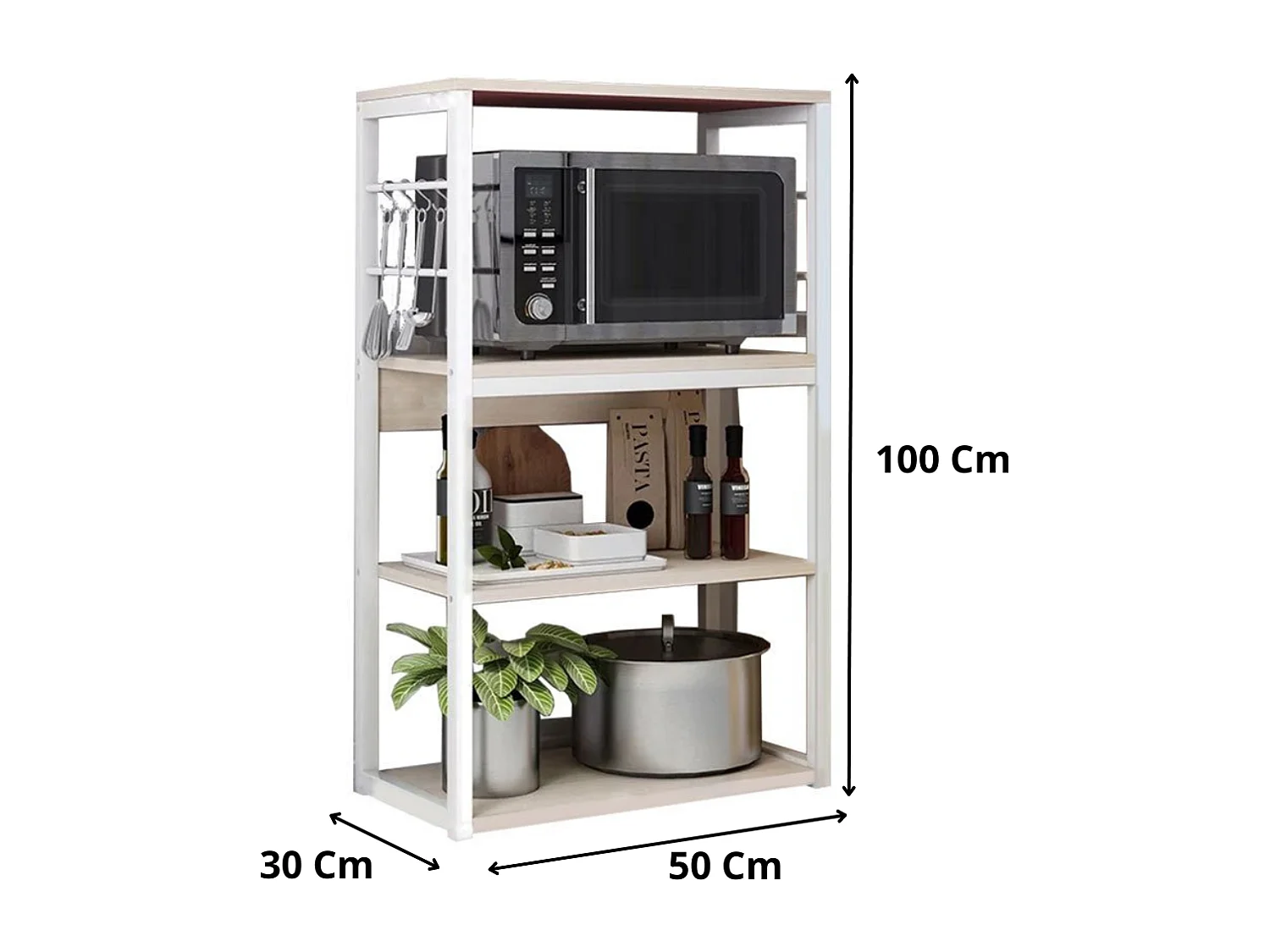 Estantería de Cocina Unidad de Cocina Alta con estantes de Almacenamiento, Marco de Metal Blanco, Estante Industrial para microondas 50x30x100 Cm, Col