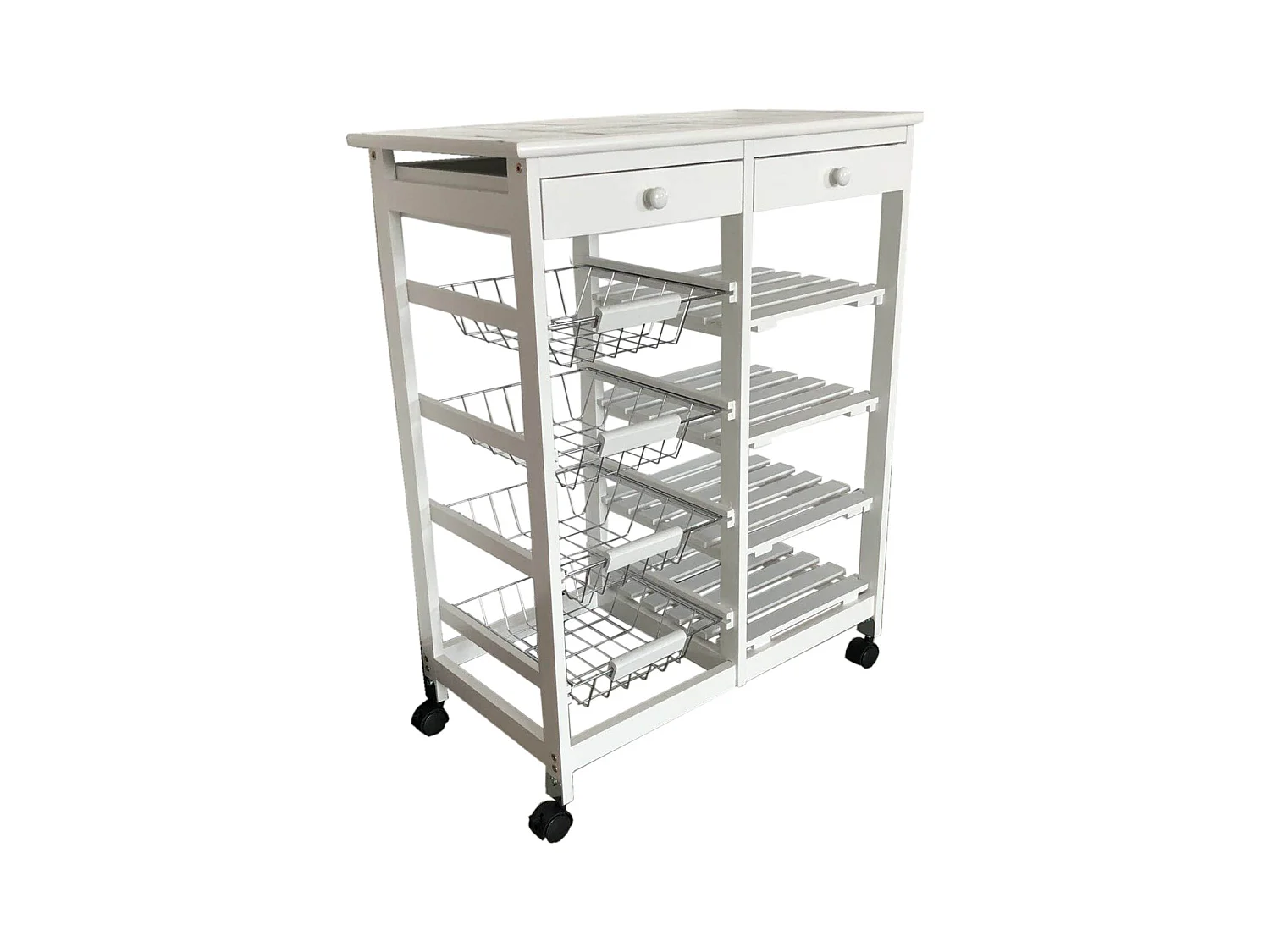 Meyvaser - Carro de cocina verdulero  Doble con 4 Cestas 4 Baldas Y 2 Cajones Color Blanco 85 x 67 x 37 Cm
