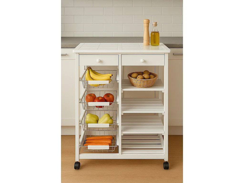 Meyvaser - Carro de cocina verdulero  Doble con 4 Cestas 4 Baldas Y 2 Cajones Color Blanco 85 x 67 x 37 Cm
