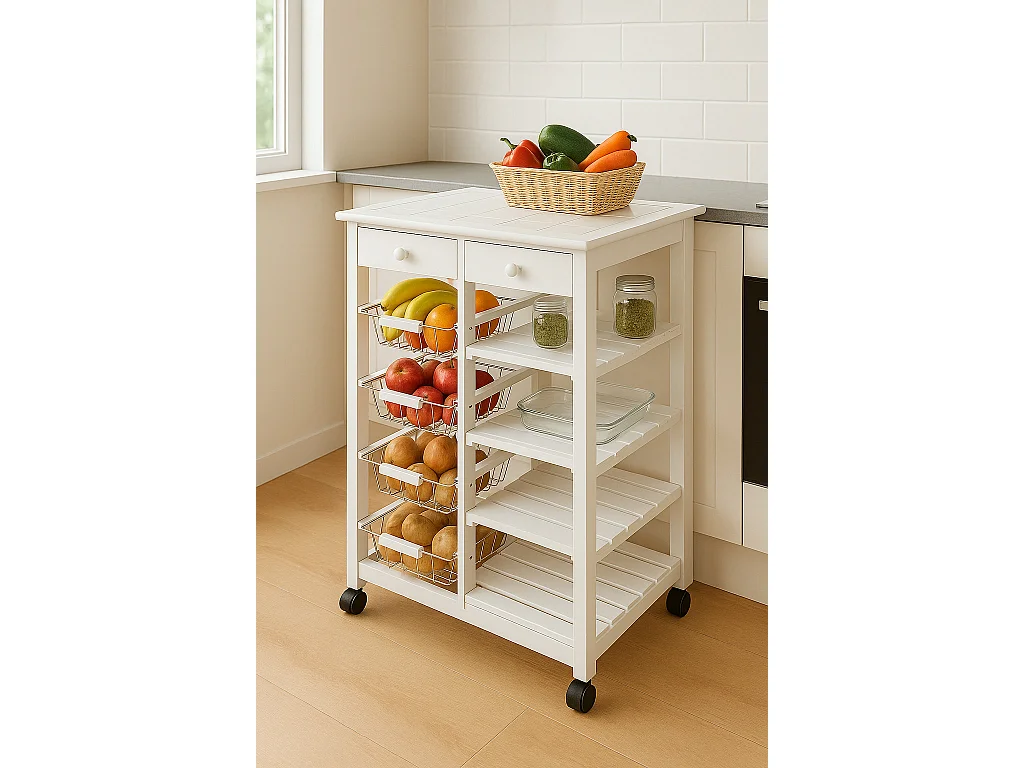 Meyvaser - Carro de cocina verdulero  Doble con 4 Cestas 4 Baldas Y 2 Cajones Color Blanco 85 x 67 x 37 Cm