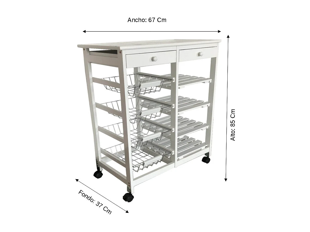 Meyvaser - Carro de cocina verdulero  Doble con 4 Cestas 4 Baldas Y 2 Cajones Color Blanco 85 x 67 x 37 Cm