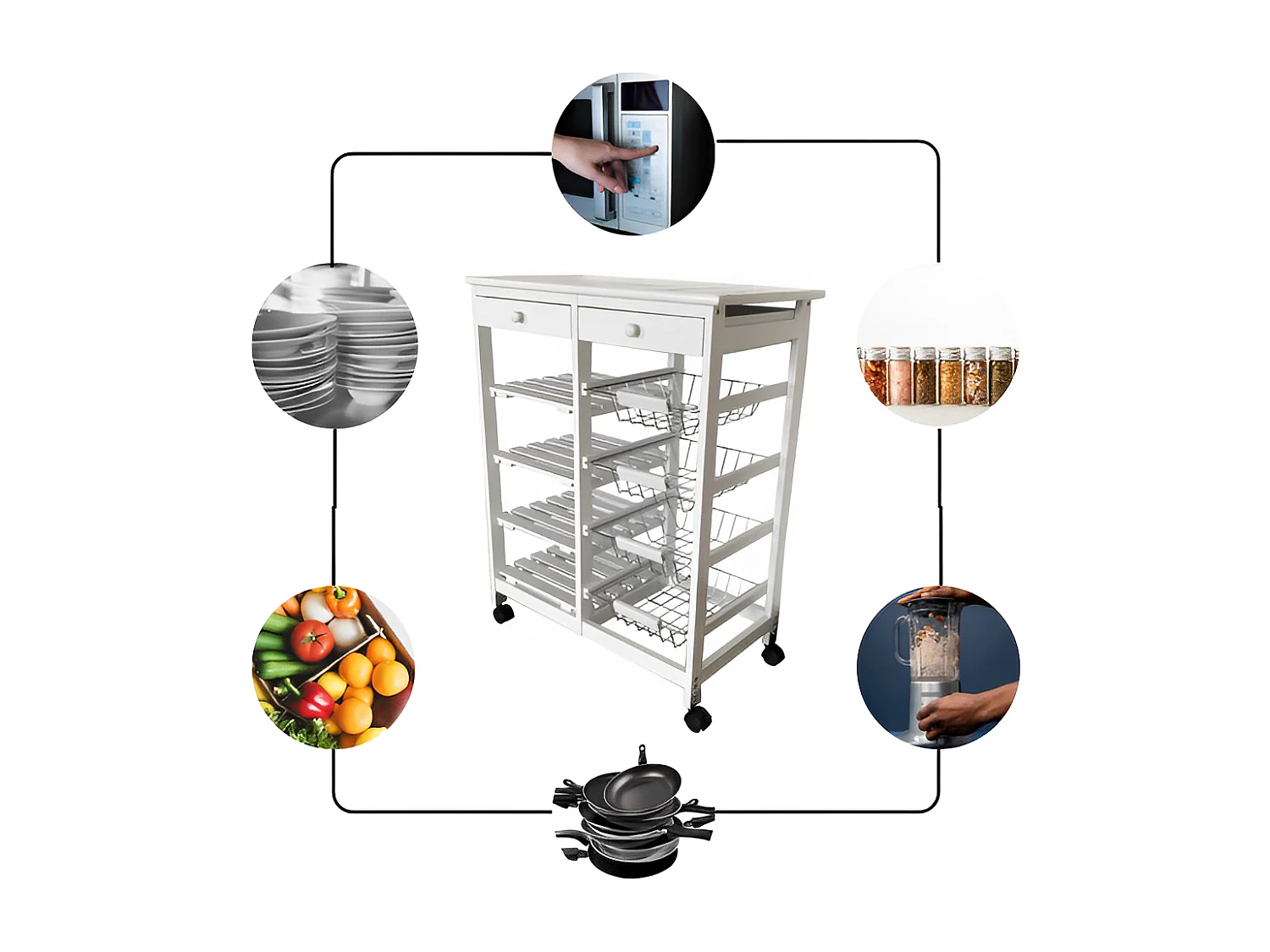 Meyvaser - Carro de cocina verdulero  Doble con 4 Cestas 4 Baldas Y 2 Cajones Color Blanco 85 x 67 x 37 Cm