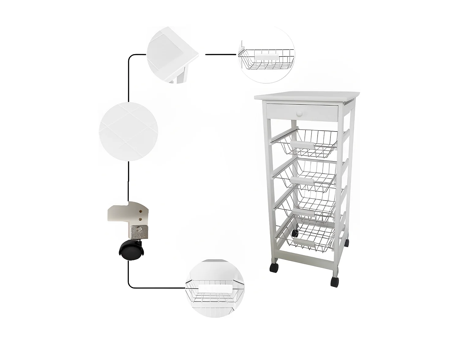 Meyvaser - Carro de Cocina con Ruedas Bahia 2 Blanco 4 cestas y cajón 37x37x85 cm