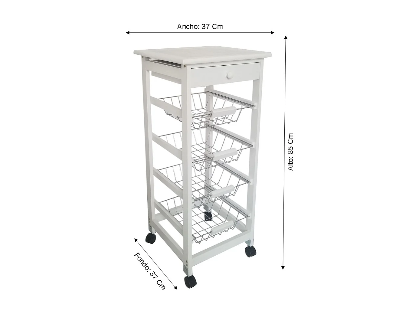 Meyvaser - Carro de Cocina con Ruedas Bahia 2 Blanco 4 cestas y cajón 37x37x85 cm