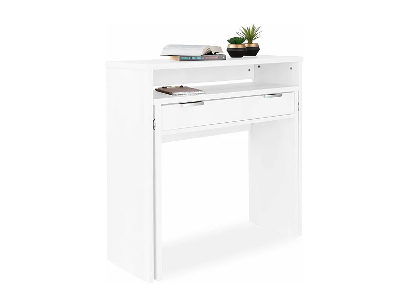 Mesa Escritorio Extensible, Consola Extensible, Mesa Estudio, Color Blanco, Medidas: 90 cm (Largo) x 33-63,4 cm (Ancho) x 87,5 cm (Alto) - Meyvaser
