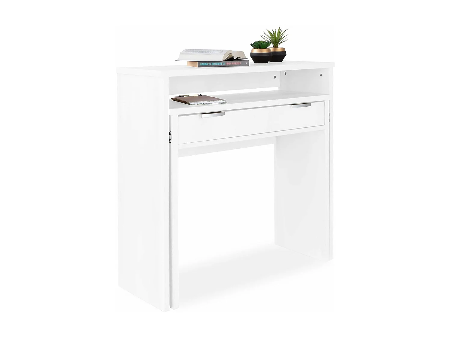Mesa Escritorio Extensible, Consola Extensible, Mesa Estudio, Color Blanco, Medidas: 90 cm (Largo) x 33-63,4 cm (Ancho) x 87,5 cm (Alto) - Meyvaser