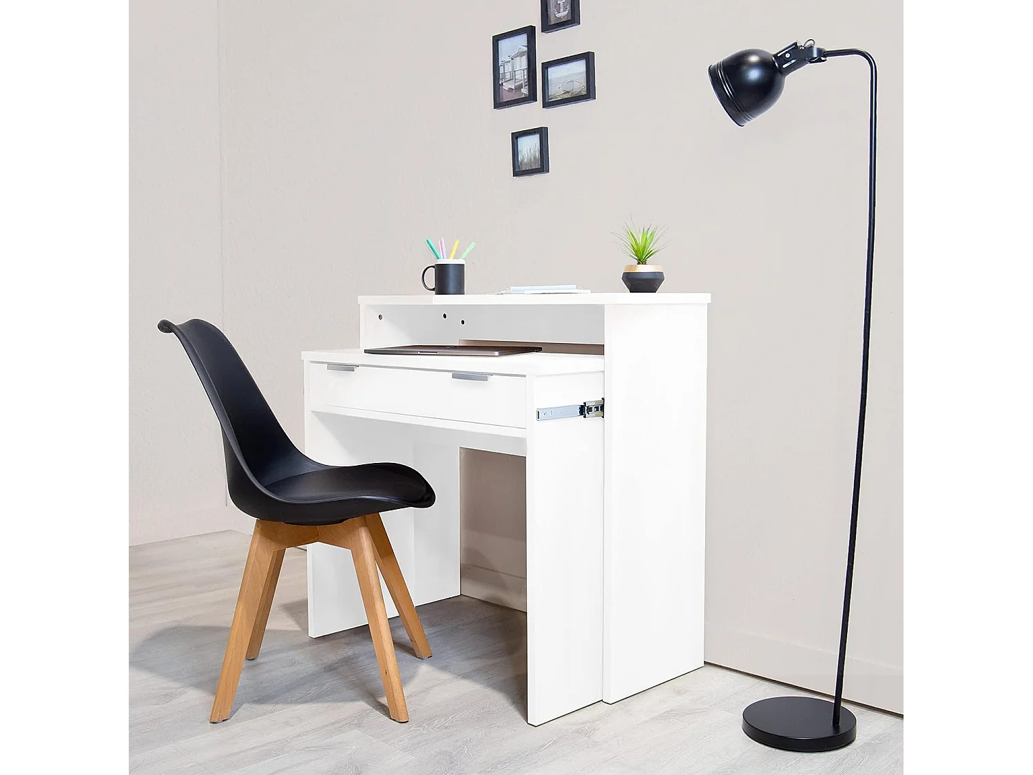 Mesa Escritorio Extensible, Consola Extensible, Mesa Estudio, Color Blanco, Medidas: 90 cm (Largo) x 33-63,4 cm (Ancho) x 87,5 cm (Alto) - Meyvaser