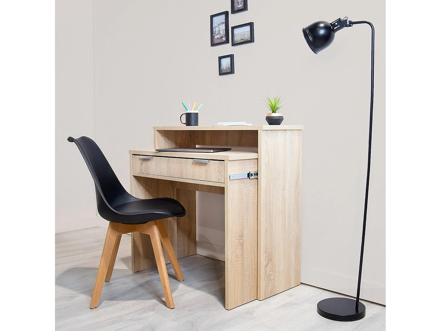 Mesa Escritorio Extensible, Consola Extensible, Mesa Estudio, Color Cambria, Medidas: 90 cm (Largo) x 33-63,4 cm (Ancho) x 87,5 cm (Alto) - Meyvaser