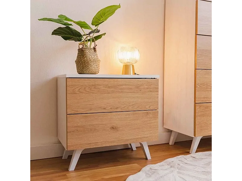 Meyvaser Mesita de noche 2 cajones Color blanco y Natural 52 cm (ancho) x 50 cm (alto) x 34,8 cm (fondo)