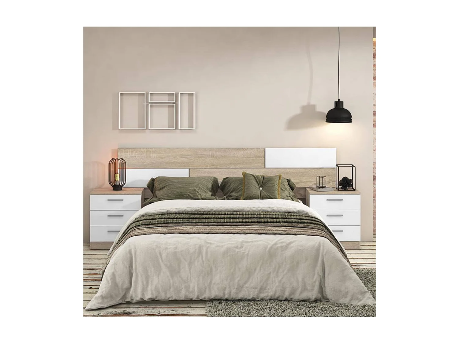 BRICOEXPO - Mesita de Noche, Mesilla de Dormitorio, Acabado en Color Cambrian y blanco, Medidas: 50 cm (La) x 34,6 cm (Fo) x 55 cm (Al)