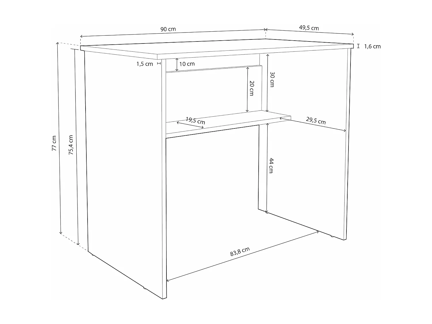Mesa de Escritorio, Mesas para Ordenador, Acabada en Cambrian, Mesa para Pc con balda interior, Medidas: 90 cm (Ancho) x 49,5 cm (Fondo) x 77 cm (Alto