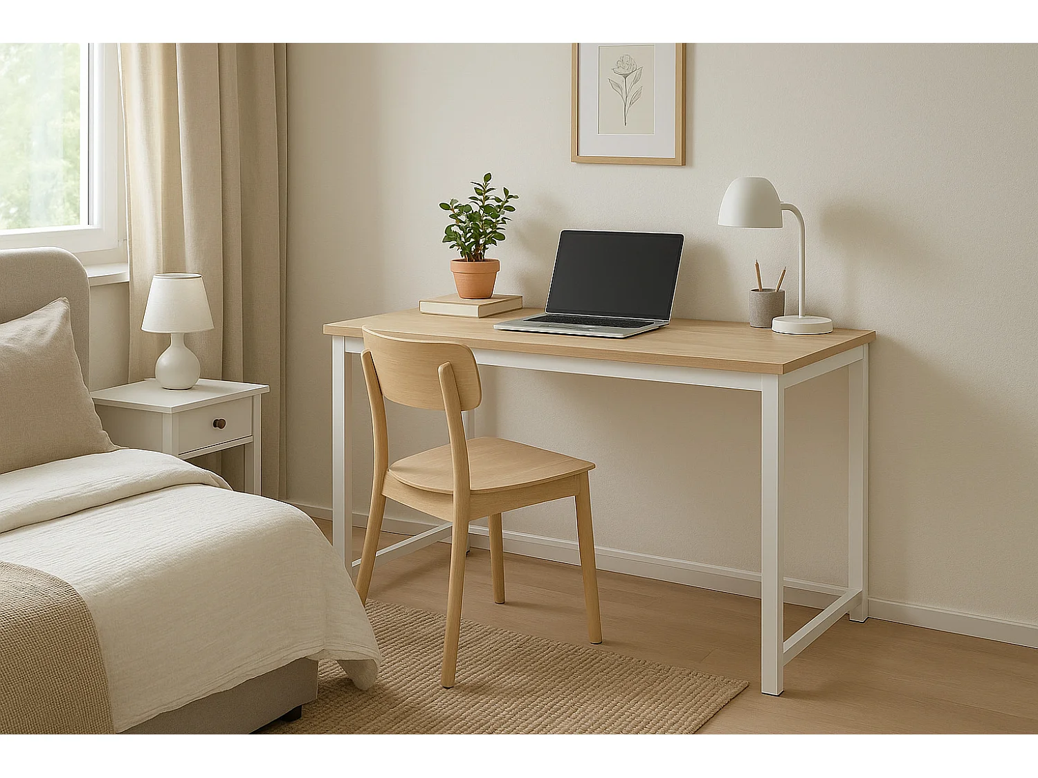 Mesa de Escritorio 140 Cm, Mesa de Ordenador, para Oficina, Dormitorio,Mesa Salon Comedor, Estructura de Acero Color Blanco 58x74x140 Cm