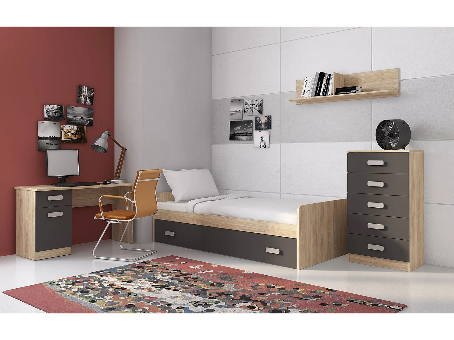 Mesa de Estudio, Escritorio con 2 Cajones, Mesa de Ordenador, Acabado en Color Blanco y Cambrian 70.8 x 120 x 49.8 cm