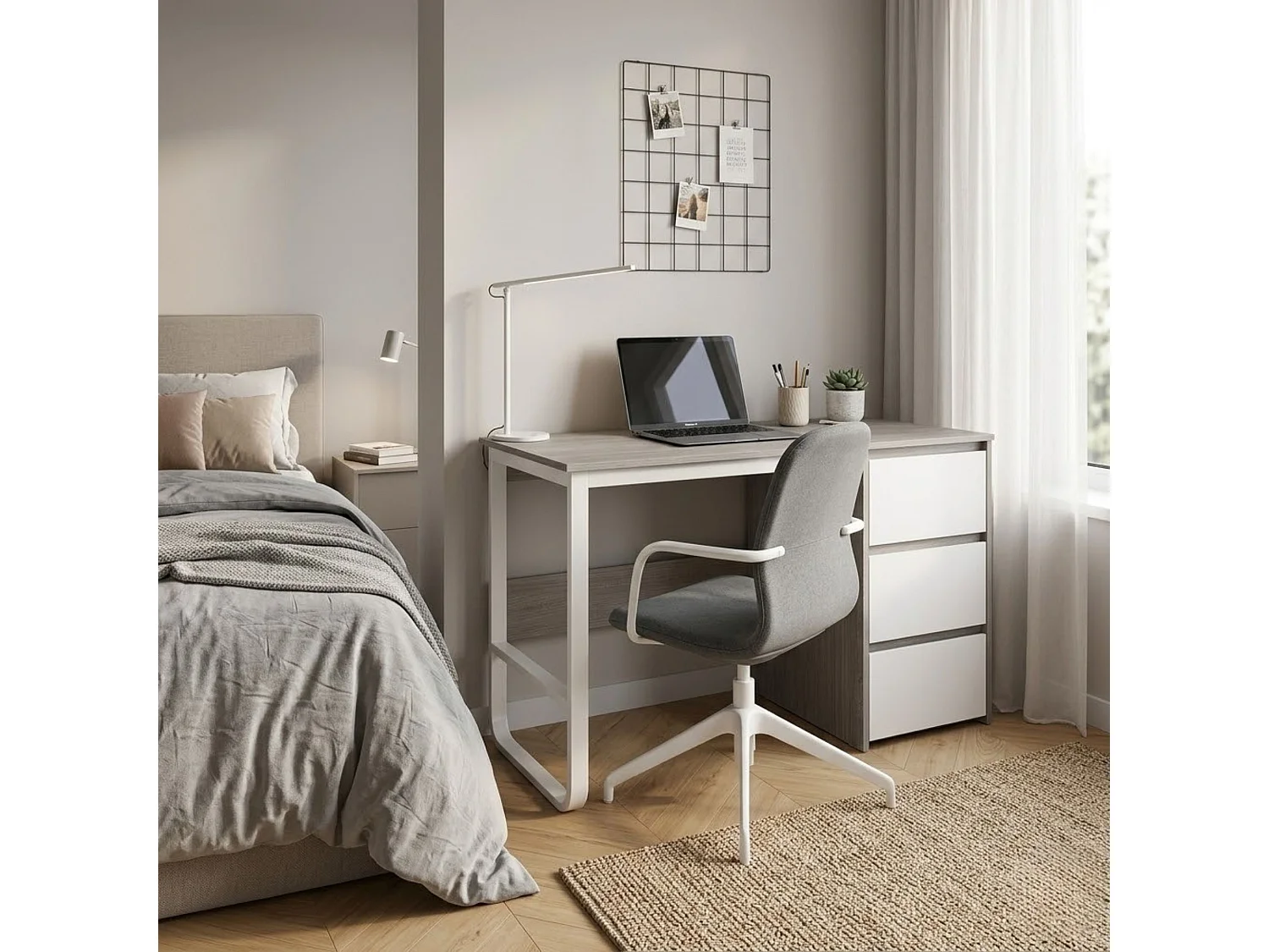 Escritorio Oficina 120 cm con 3 Cajones, Mesa de Ordenador Moderna, Estructura Metálica Blanca, Tablero MDF y Melamina, Color Gris/Blanco, 120x48x74 cm