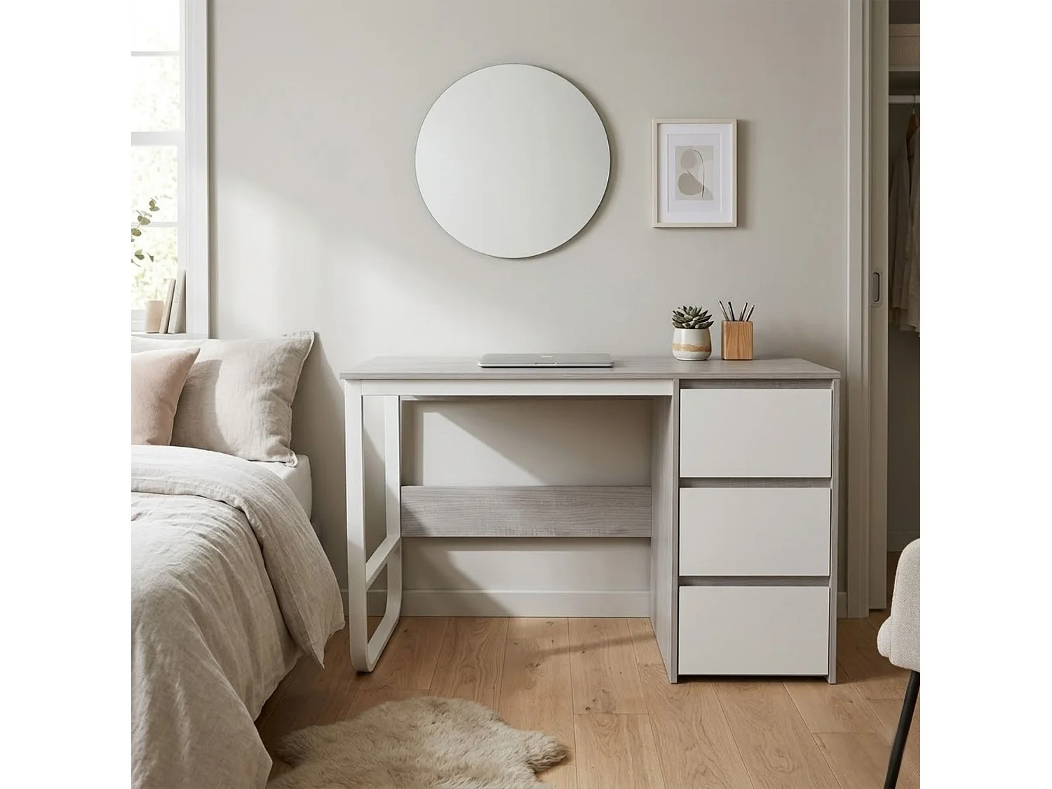 Escritorio Oficina 120 cm con 3 Cajones, Mesa de Ordenador Moderna, Estructura Metálica Blanca, Tablero MDF y Melamina, Color Gris/Blanco, 120x48x74 cm