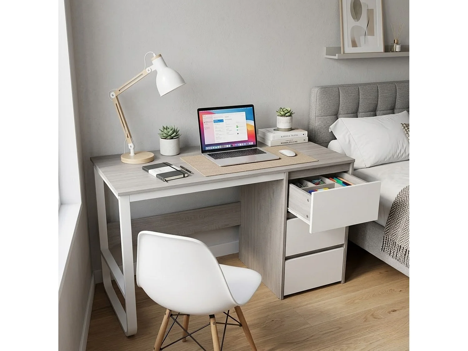 Escritorio Oficina 120 cm con 3 Cajones, Mesa de Ordenador Moderna, Estructura Metálica Blanca, Tablero MDF y Melamina, Color Gris/Blanco, 120x48x74 cm