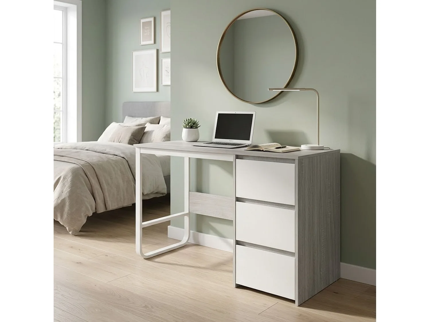 Escritorio Oficina 120 cm con 3 Cajones, Mesa de Ordenador Moderna, Estructura Metálica Blanca, Tablero MDF y Melamina, Color Gris/Blanco, 120x48x74 cm