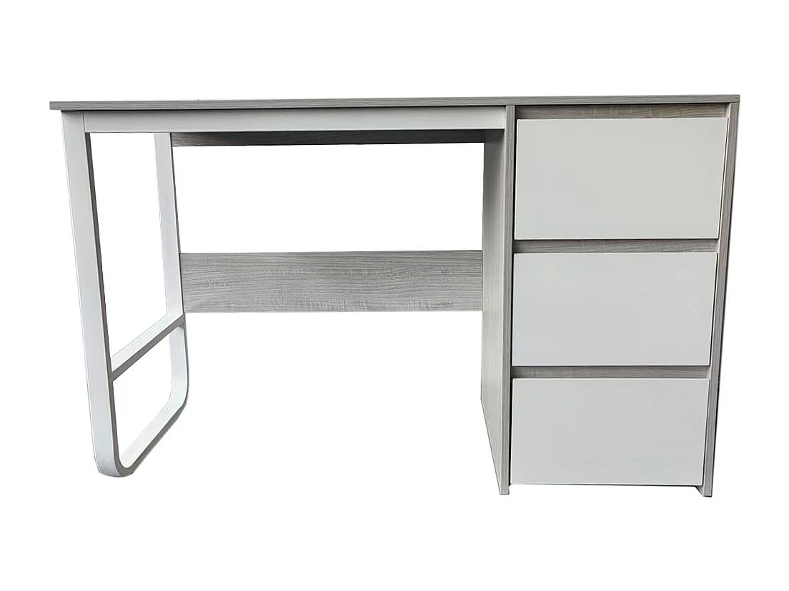 Escritorio Oficina 120 cm con 3 Cajones, Mesa de Ordenador Moderna, Estructura Metálica Blanca, Tablero MDF y Melamina, Color Gris/Blanco, 120x48x74 cm