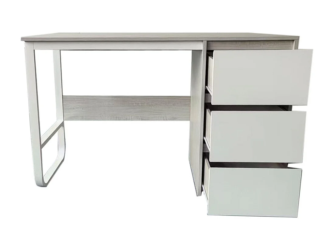 Escritorio Oficina 120 cm con 3 Cajones, Mesa de Ordenador Moderna, Estructura Metálica Blanca, Tablero MDF y Melamina, Color Gris/Blanco, 120x48x74 cm