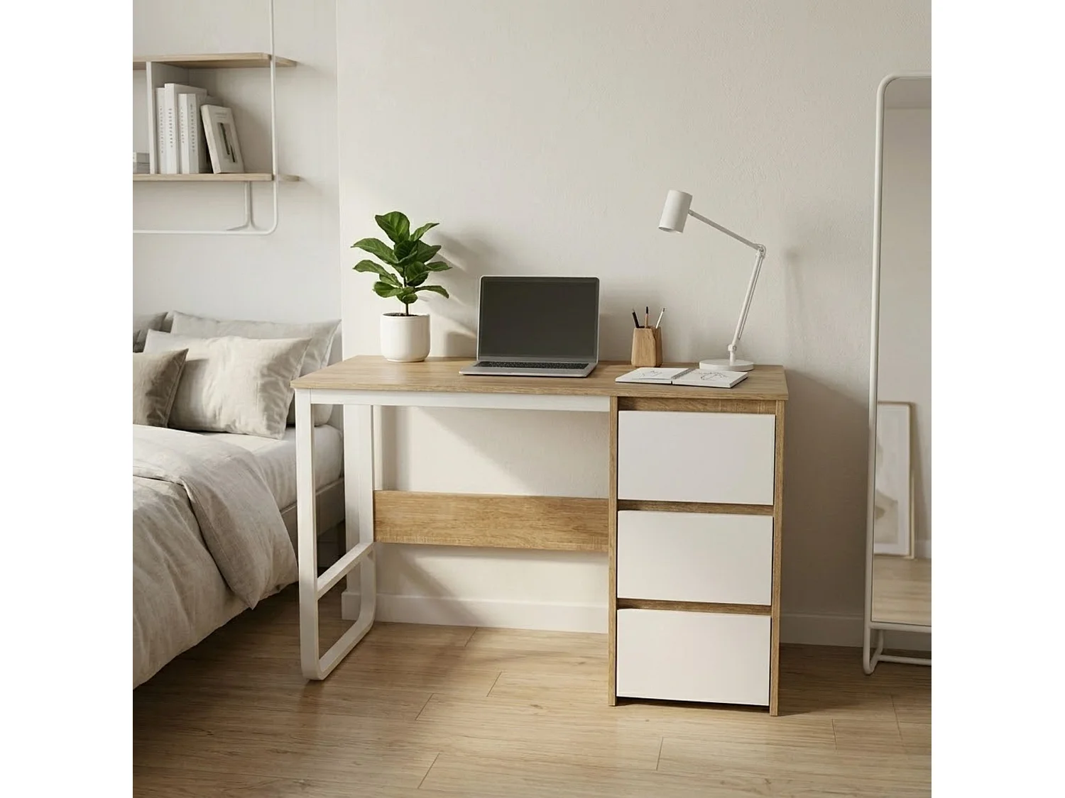 Escritorio Oficina 120 cm con 3 Cajones, Mesa de Ordenador Moderna, Estructura Metálica Blanca, Tablero MDF y Melamina, Color Sonoma/Blanco, 120x48x74 cm