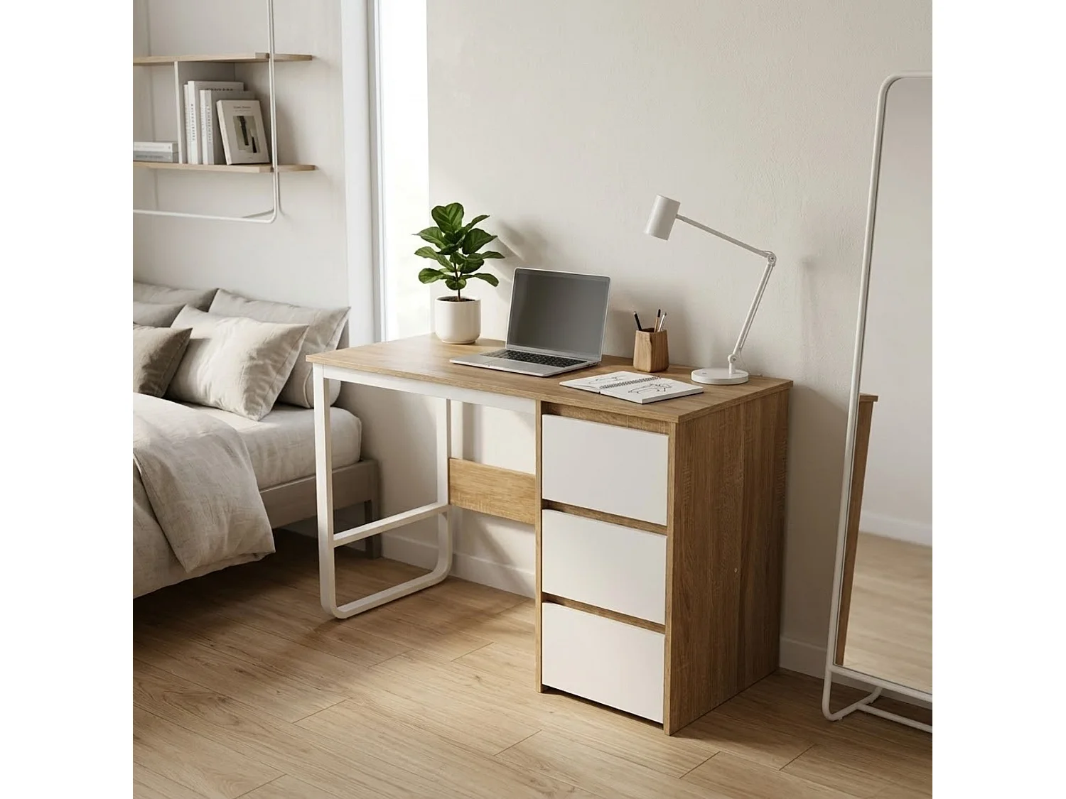 Escritorio Oficina 120 cm con 3 Cajones, Mesa de Ordenador Moderna, Estructura Metálica Blanca, Tablero MDF y Melamina, Color Sonoma/Blanco, 120x48x74 cm