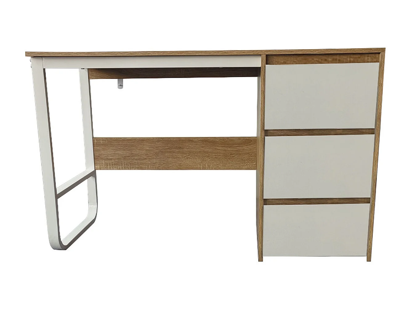 Escritorio Oficina 120 cm con 3 Cajones, Mesa de Ordenador Moderna, Estructura Metálica Blanca, Tablero MDF y Melamina, Color Sonoma/Blanco, 120x48x74 cm